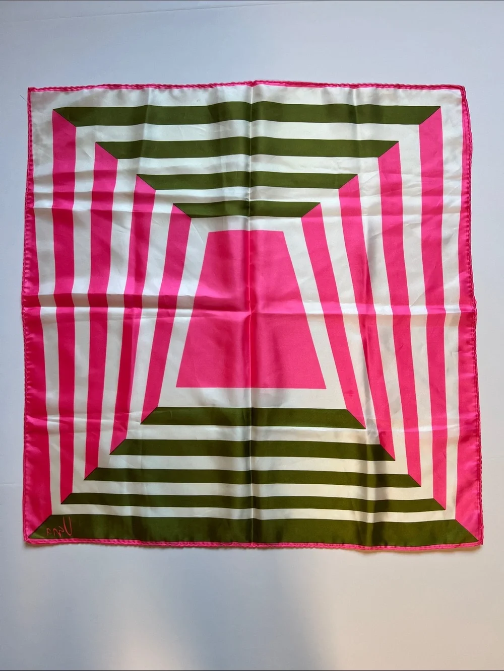 Vintage Vera Neumann scarf pink green & white geometric design 23” square
